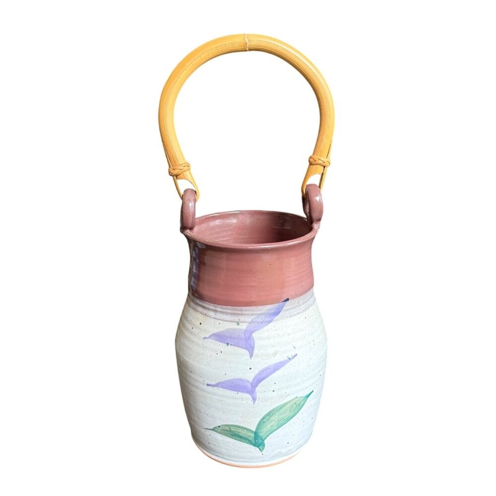 Handmade Studio Pottery Vase w/ Bamboo Handle Purple Gray Green Vessel Abstract